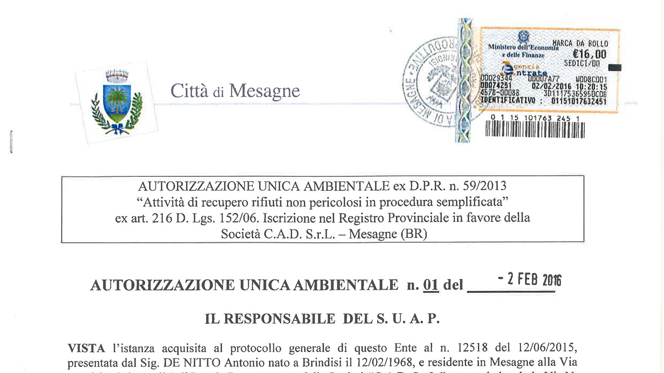 Cad Srl Mesagne - Autorizzazione unica ambientale